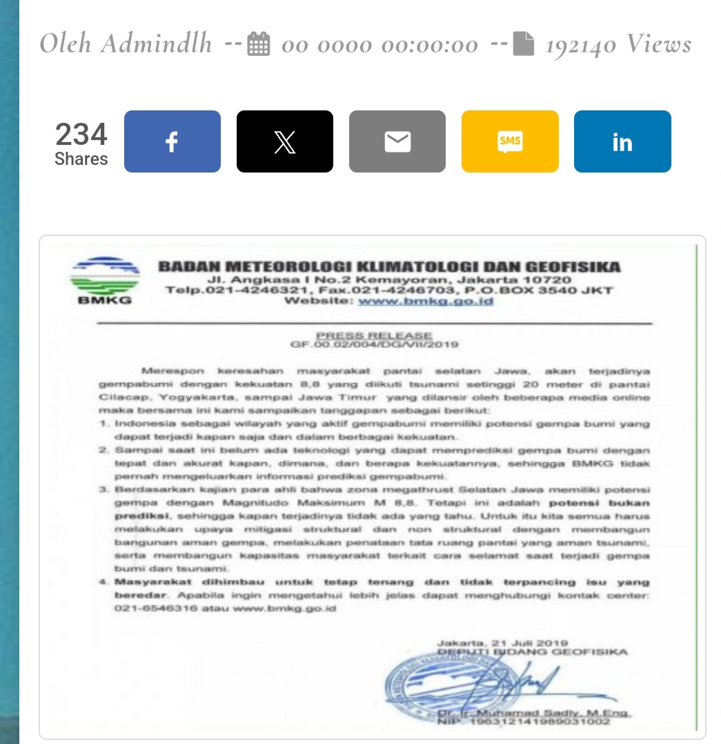 Press Release Resmi BMKG Terkait Potensi Gempa Bumi 8,8 SR dan Tsunami 20 m Di Selatan Pulau Jawa